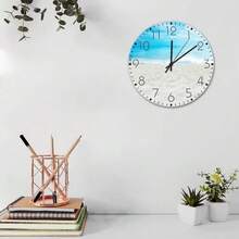 Wood Wall Clocks Analog Round Non-Ticking Beach Scene Ocean Theme Sea Beautiful Wall Clocks Nautical Seaside Seashore Painted Home Decoration For Warehouse Kitchen Garden 12 Inch - 樣式-1 - 查看 2