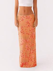 Women Y2K Sequin Long Skirt Sparkle Rhinestone Floral Maxi Skirt High Waist Glitter Midi Skirt Going Out - 橘色 - 查看 2