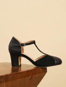 Women High Heel Mary Jane Shoes, Velvet Glitter T-Strap Side-Cut Round Toe Thick Heel, Suitable For Party, Wedding, Christmas, Office, Business Commute, Spring, Summer, Black High Heels, With Dress, Ballet, Sandals, Latin Dance Shoes - Black - View 6