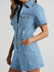 Womens Summer Denim Romper Short Sleeve Zip Up Utility Pockets Jean Jumpsuit Shorts - 淺藍色 - 查看 3