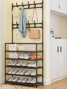 1 peça de sapateira simples para entrada, prateleira de armazenamento integrada multicamadas, sapateira e cabideiro combinados, à prova de poeira, economiza espaço, econômico, para quarto, dormitório
