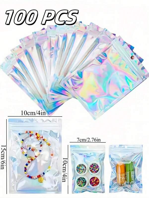 100PCS Reusable Transparent Mylar Holographic Bags Sealable Waterproof And Odor Proof Self Sealing Zipper Aluminum Foil Packaging Bags, Suitable For Party Gift Packaging Food Storage And Jewelry Packaging