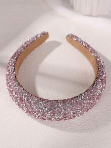 1pc Girls' Fashionable Handmade Rhinestone Embellished Sponge Wide Headband, Sparkling Starry Sky Crown Hair Accessory - Pink - View 5
