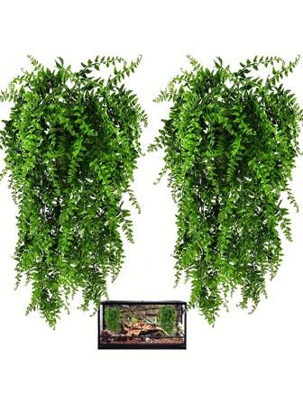 1pc Plant & Reptile Themed Glass Container With Artificial Leaves, Vines For Habitat Decor, Suitable For Bearded Dragons, Hermit Crabs, Lizards, Snakes, Geckos