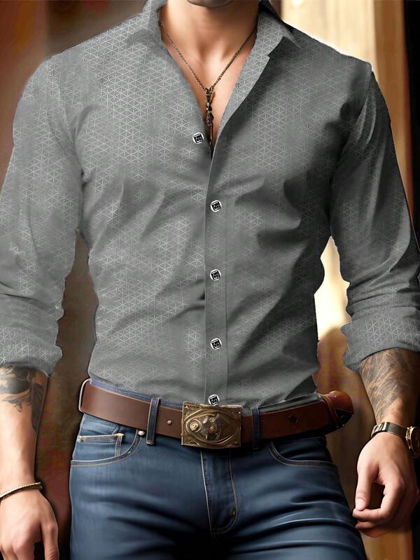 Men's Grey Long Sleeve Buttoned Turndown Collar Dress Shirt, For Business/Office Occasions, Printed Pattern Design Suitable For Spring, Summer, Autumn, Fits For Formal And Casual Wear