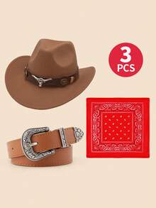 Set Kostum Koboi Barat Anak-Anak 3 Potong, Termasuk Topi Koboi, Sabuk, dan Bandana Motif Paisley, Cocok untuk Halloween - Set topi koboi - View 4