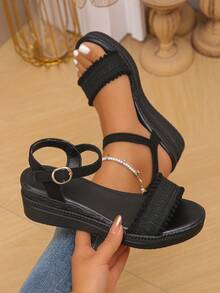 Women's Snakeskin Platform Wedge Sandals With Ankle Strap, Gold, Fashion Versatile Comfortable Summer Women's Black Velvet Round Toe Wedge Slide Sandals, Comfortable Vacation Style - Black - View 2