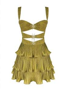 Women Starfish Glitter Mini Dress Sexy Cut Out Backless Dresses Ruched Ruffle Tiered Layered A Line Swing Dress - Màu vàng - Xem 2