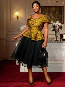 大码休闲套装两件套提花衬衫不对称袖荷叶边黑色中长款网眼连衣裙曲线女装