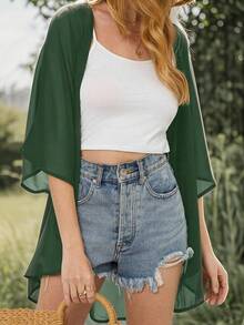 Solid Color Chiffon Blouse Long Women Summer Vacation Beach Cover Up Open Front Lightweight Shawl Top - Olive Green - View 3