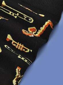 1 Pair Of Men's Socks, Novel, Fashionable, Musical Instrument Pattern, Warm Mid Tube Socks - Multicolor - View 3