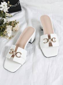 Chunky Heel Versatile Slip-On Minimalist Metal Buckle Women Sandals, Elegant Open Toe White High Heel Sandals