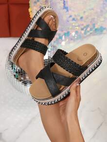 2026 Spring/Summer New Women's Sandals, Double Strap, Rhinestone Fashionable Thick-Soled Slippers, Random Floral Patterns, Essential For Vacation & Beach, Suitable For All-Day Wear - Black - View 3