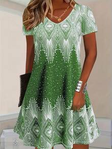 Plus Size Women Polka Dot & Geometric V-Neck Midi Dress, Elegant Short Sleeve Spring/Summer Knit Fabric, Medium Stretch - Green - View 1