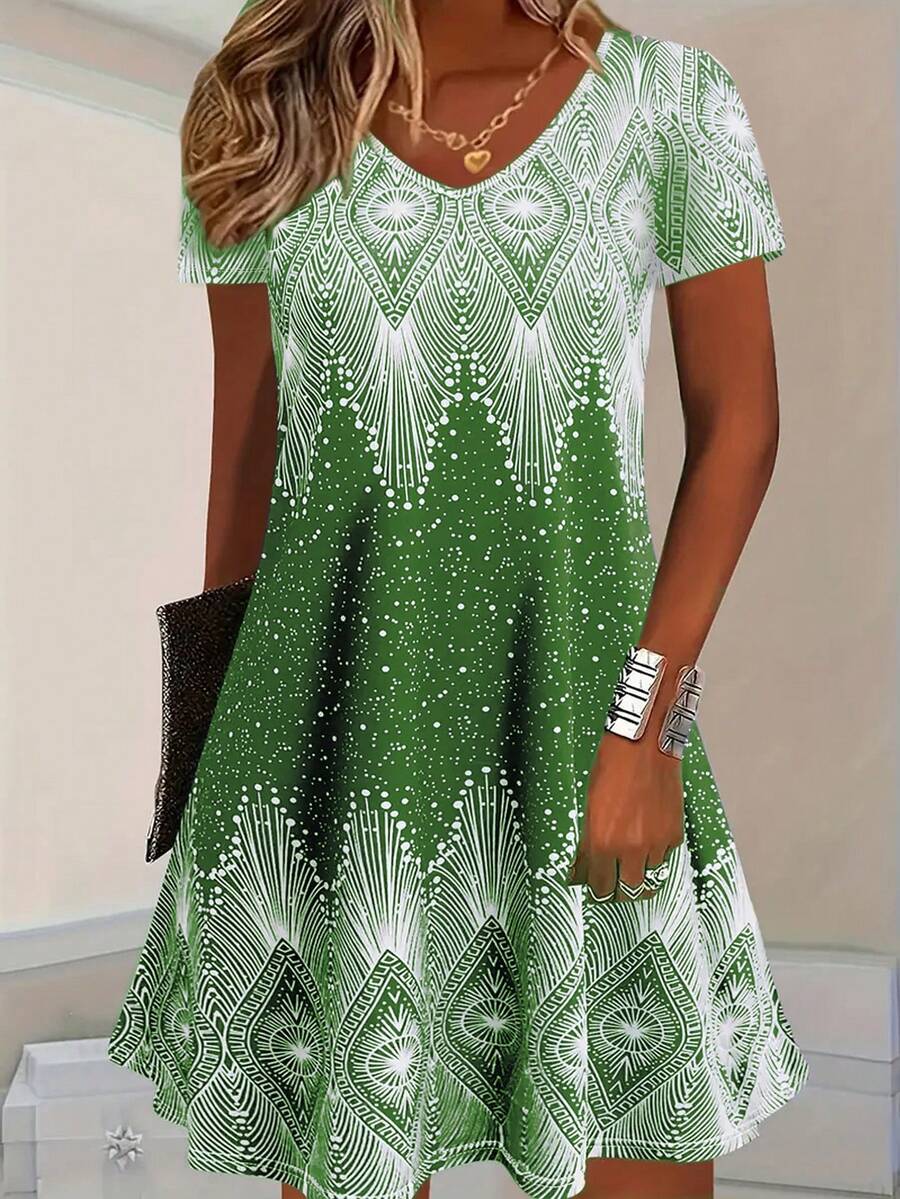 Plus Size Women Polka Dot & Geometric V-Neck Midi Dress, Elegant Short Sleeve Spring/Summer Knit Fabric, Medium Stretch - Green - View 1