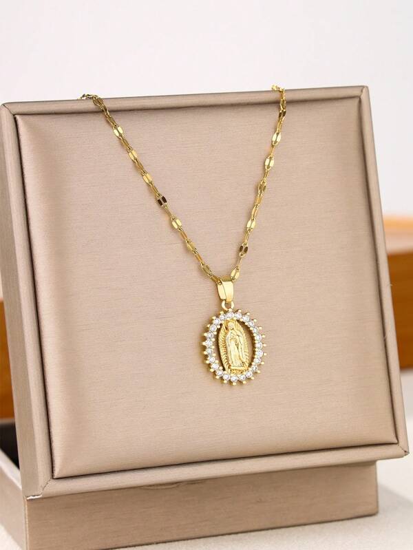 1 pieza Collar con colgante de la Virgen María con forma oval, estilizado, microincrustado de circonita cúbica, accesorio religioso minimalista de acero inoxidable para mujer, apto para boda, fiesta y uso diario