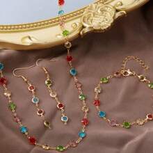 4pcs/Set Summer Fashion Crystal Necklace, Bracelet And Earring Jewelry Set, Birthday, Party, Holiday Gift For Lover, Mom, Jewelry Accessories, Random Color Crystals