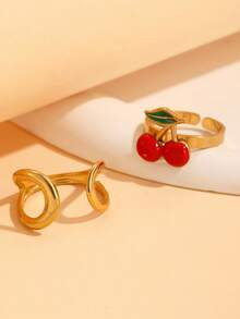 2pcs Stainless Steel Geometric Cherry Fruit Rings For Women, Suitable For Daily Wear/Summer Vacation - Yellow Gold - View 5