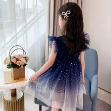 Vestido De Manga Corta Degradado Estrellado Para Niñas,Vestido de manga corta, vestido de princesa, falda de tul esponjosa, falda infantil. - Azul - Ver 2