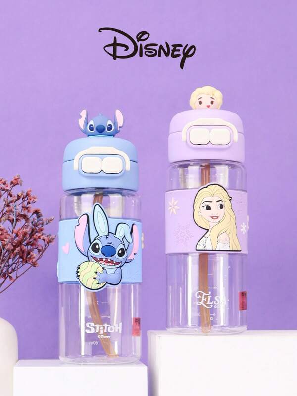Disney 1 pieza Botella de agua de 600ml/20.29oz de la serie Disney para niños, botella de agua deportiva de boca doble con pajita, con asa para transportar, decorada con patrones de la Princesa Elsa y Stitch, apta para uso en casa, exteriores, viajes y vuelta al colegio