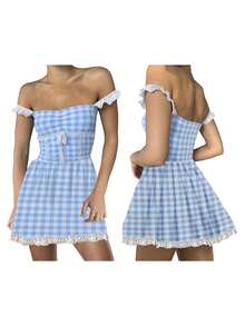 Women Summer Y2K Mini Cami Dress Sleeveless Open Back Lace Trim Plaid Spaghetti Strap Dress - Blue - View 2