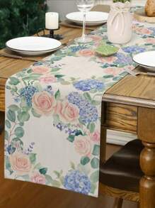 1pc Pink Heart Rose Floral Print Table Runner, Kitchen, Dining Room Decor, Holiday Decor, Home Gathering, Home Decor, Wedding Setting, Outdoor Dining, Coffee Table Decoration