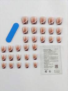 30pcs/Set Short Coffin Shaped Matte Brown Geometric French Manicure Artificial Nail Tips, Fits For Women & Girls