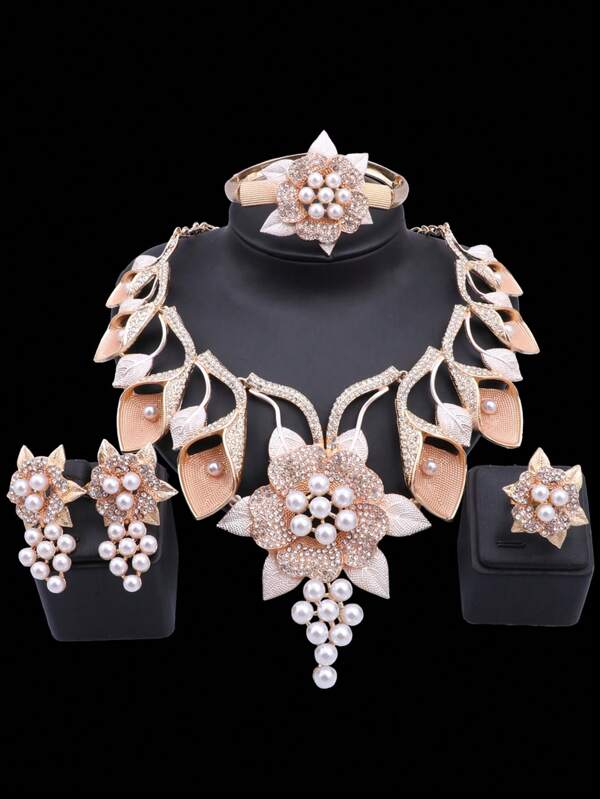 Vintage Luxury Artificial Crystal & Pearl Statement Necklace, Earrings, Bracelet, And Ring Set, 18K Gold Plated Synthetic August Birthstone Jewelry Set For Women, Perfect For Wedding And Party Occasions - Valentine's Day Gift-Compatible