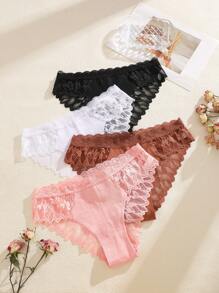 Set de 4 piezas de bragas de mujer con encaje sin costuras, unicolor, con diseño sexy y romántico