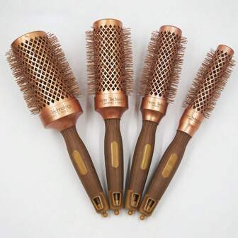 Gold-Brown Ceramic Aluminum Tube Hair Brush With Rat Tail Comb - Anti-Static, Nylon Bristles Suitable For All Hair Types, Round Barrel Curling Styling Powder Aluminum Tube Brush, Air Aluminum Tube Ceramic Comb, Hair Styling Brush - Anti-Static, Heat-Resistant, Nylon Bristles, For Volumizing And Massaging - Ideal For Salon, Home Use And Travel, Mane, Blow Drying