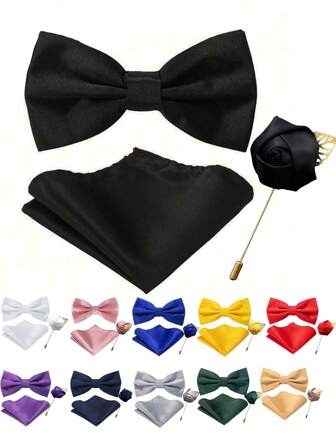 1 套纯色预扎蝴蝶结和口袋方巾翻领别针套装（男士适用）
