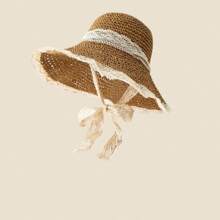 1pc Lace Trim Beach Sun Hat, Large Brim Breathable Shade Hat For Women Outdoor Camping Picnic, UV Protection Summer Cap