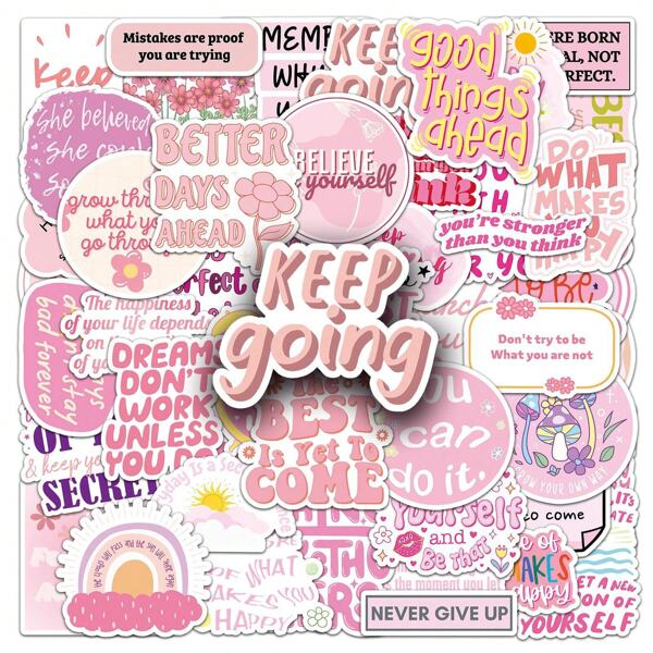 49pcs Pink Inspirational Positive Energy English Short Sentence Series Suitcase Graffiti Stickers Phone Cases Laptop Helmets Skateboard Decoration Stickers DIY Creative Stickers