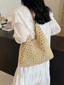 Geantă de umăr boemă din paie pentru femei, geantă tote de plajă de designer vintage, potrivită pentru vacanță, muncă, utilizare zilnică, stil de vară, perfectă pentru ieșirile ocazionale și excursiile pe plajă