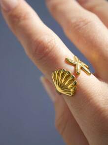Gold Shell Ring Beach Themed Adjustable Rings; Ocean Inspired Jewelry; Starfish & Seashell Rings; Boho Summer Gift For Women