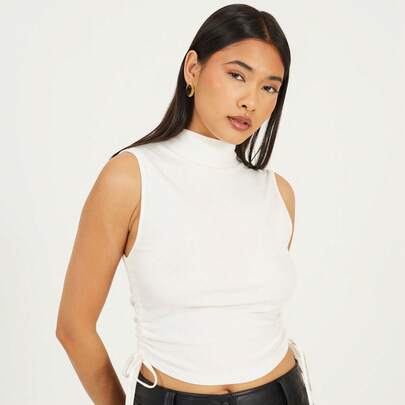 brave soul Sleeveless High Neck Top Wth Side Drawstrings