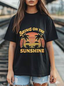 Camiseta gráfica Bring on the Sunshine: camiseta informal negra grande para mujer con diseño vibrante de palmera y puesta de sol, manga corta con cuello redondo, mezcla ligera de poliéster, perfecta para Cas - Negro - Ver 1