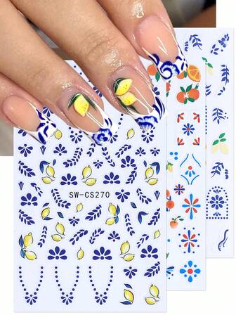 3D 水果波西米亚设计指甲贴纸 3 件蓝色法式条纹线条花卉花瓣叶子柠檬橙热带水果 DIY 夏季自粘凝胶抛光贴花滑块美甲装饰美甲用品