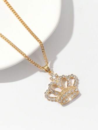 1 Pc Fashionable New Hollow Crown Shaped Pendant Necklace With Rhinestone Accents, Suitable For Daily Wear And Gift For Women