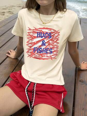 Summer Casual Sardine Fish & Letter Print Round Neck Short Sleeve T-Shirt For Women