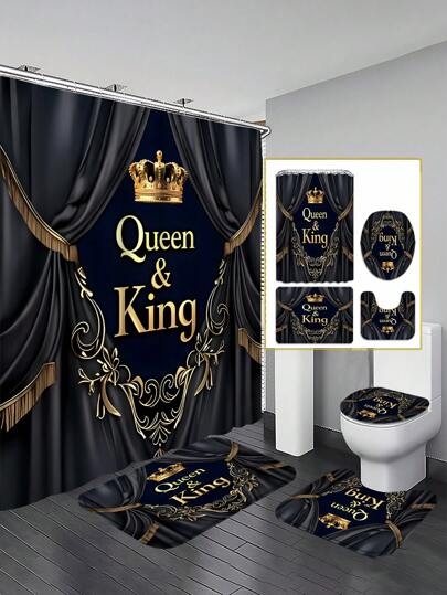 4PCS Emperor And Empress Splendid Screen Pattern Shower Curtain Set. It Includes A Waterproof Shower Curtain For Bathtub Partition, A Waterproof Bathroom Partition Curtain With 12 Hooks, A Non - Slip Bath Mat, A Toilet U - Shaped Pad, And A Toilet Lid Cover Pad. It Is A Decorative Bathroom Set. Bathroom Decor Fall Decor Back To School