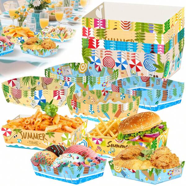 12 confezioni di vassoi monouso in carta a tema estivo per piscina e spiaggia, barche per cibo per feste hawaiane e luau, vassoi per spuntino tropicali per feste di compleanno all'aloha, pensionamento, estate, Hawaii, festa in piscina, decorazioni, regali, matrimoni, forniture per la scuola, decorazione della stanza