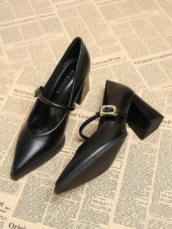 女士时尚办公室2025春季新款高跟鞋，休闲纯色米色白色黑色棕色尖头金属装饰优雅简约粗跟高跟简约高品质乐福鞋，适合阔腿裤和连衣裙，98581-7