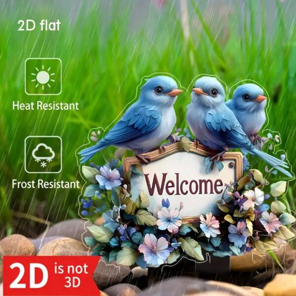 Estaca de jardín con diseño de ave de bienvenida en 2D plano, encantadora - Acrílica, impermeable y resistente a la intemperie, ideal para uso interior/exterior, perfecta para macetas, diseño de paisaje y decoración de jardín, con una familia de pájaros azules con acentos florales