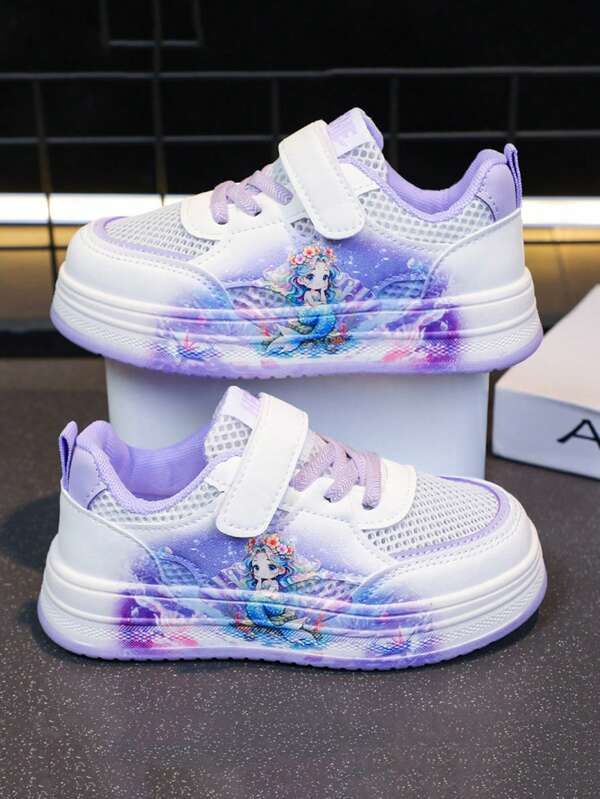 1 Pair Girls Summer Breathable Mesh Sneakers, Mermaid Princess Design Hollow Casual Shoes, Middle & Big Kids Student Lightweight Trainers