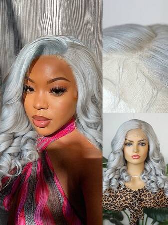 万圣节服装假发（米色、银色）13X4 蕾丝前假发，采用日本进口婴儿头发合成纤维，18 英寸卷发合成纤维耐热假发弹力网帽，适合所有人日常聚会，高品质女士自然美丽合成柔软假纤维头发