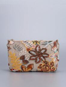 亮片刺绣链条单肩包，经典设计刺绣花卉半圆形斜挎包，女士时尚撞色亮片拼接拉链晚宴包。首选包型，多用途包，可斜挎，链条对折后可单肩。（图案位置随机剪裁）