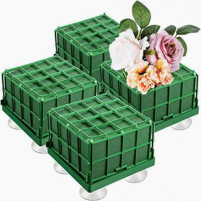 1/2/4 Packs Square Floral Foam Cage Flower Holder Reusable Wet Flowers Foam Blocks With Suction Cups For Fresh Flower Arrangement Table Centerpiece Wedding Car Decorations