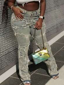 Y2K 90s Street Slant Pocket High Cotton Stretchy Distressed Raw Frayed Unique Tassel Design Patchwork Hip Hop Jeans Music Festival,  Everyday Wear