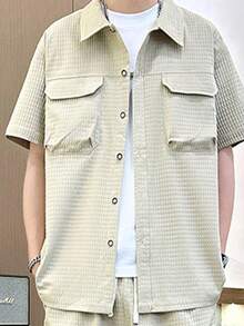 Teenager Summer Solid Color Short Sleeve Shirt Set - Casual Minimalist, Suitable For Outdoor Activities And Beach Vacation - Apricot - View 3